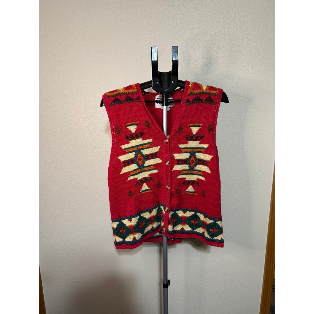 Knitting Needles Red Southwestern Hand Knitted Sweater‎ Vest Ramie Cotton Medium